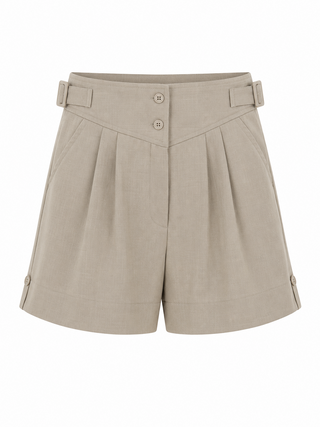 The "Riviera" Ladies High Waist Pleated Summer Shorts, In Stone Viscose Slub