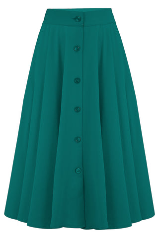 The "Beverly" Button Front Full Circle Skirt with Pockets in Teal, True & Authentic 1950s Vintage Style
