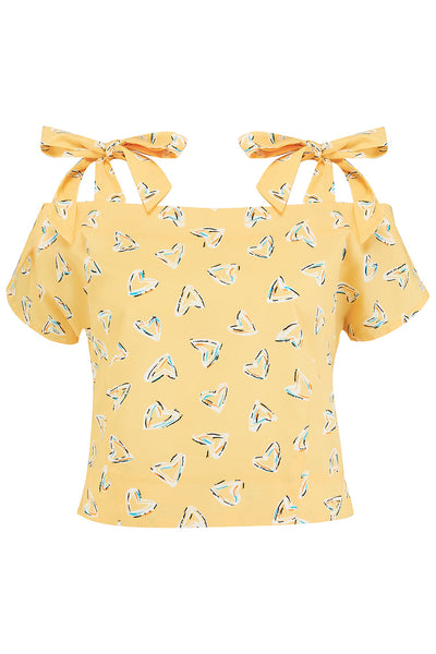 Rock n Romance The "Sandy" Cold Shoulder Blouse in Yellow Abstract Heart Print, Classic Vintage 1950s Inspired Style - RocknRomance Clothing