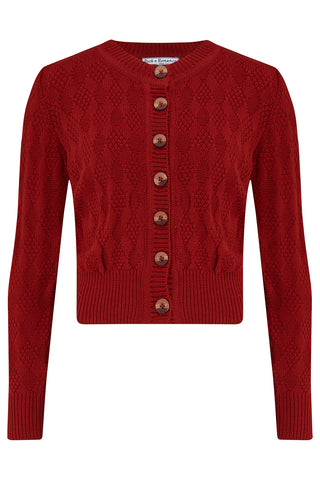 The "Sandra" Textured Diamond Knit Cardigan in Cherry Red, 1940s & 50s Vintage Style
