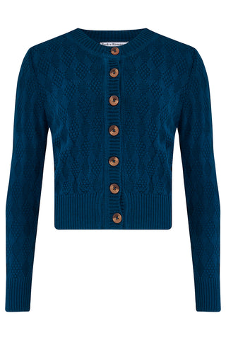The "Sandra" Textured Diamond Knit Cardigan in Peacock Blue, 1940s & 50s Vintage Style