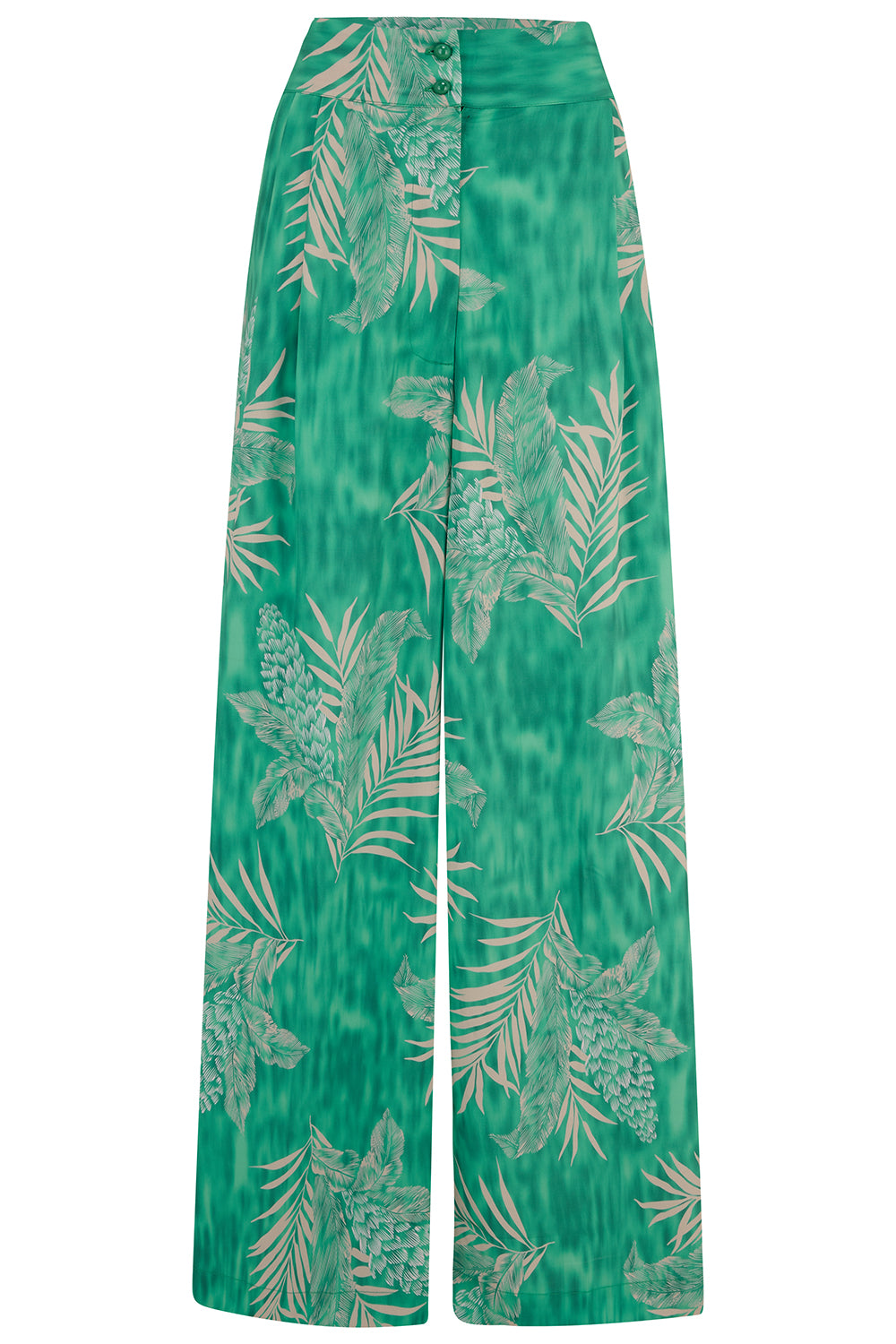 The "Sophia" Palazzo Wide Leg Trousers in Emerald Palm Print, Easy To Wear Vintage Inspired Style