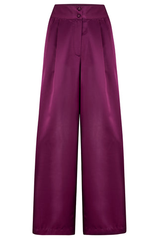 Nouvelle gamme RnR « Luxe ». Le pantalon large Palazzo « Sophia » en SATIN prune riche super luxueux