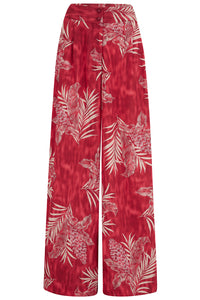 The "Sophia" Palazzo Wide Leg Trousers in Ruby Palm Print, Easy To Wear Vintage Inspired Style