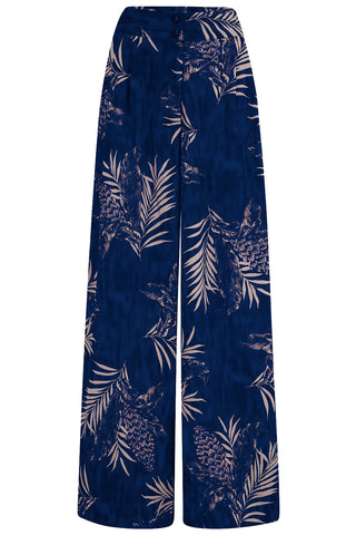 The "Sophia" Palazzo Wide Leg Trousers in Sapphire Palm Print, Easy To Wear Vintage Inspired Style