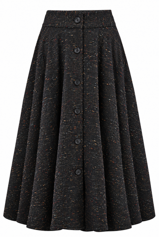 RnR "Luxe" Range "Beverly" Button Front Full Circle Skirt with Pockets, Black Mutli Colour Fleck, 100% Wool, True 1950s Vintage Style