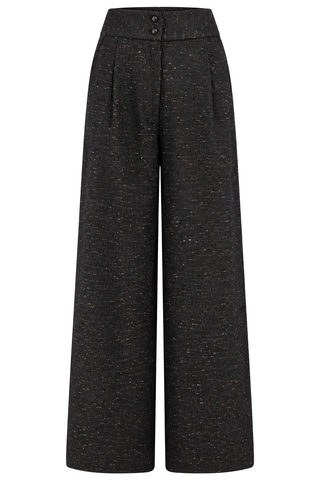 RnR "Luxe" Range.. The "Sophia" Palazzo Wide Leg Trousers in Black Multi Colour Fleck Wool .. Classic 1950s Style