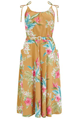 **Vente d'échantillons** La "Suzy Sun Dress" en moutarde Honolulu, facile à porter style Tiki des années 50
