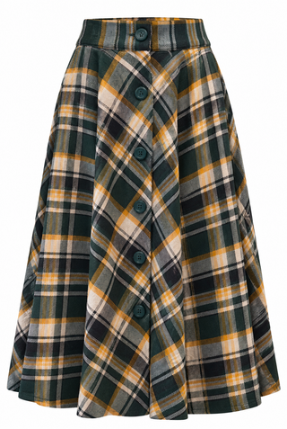 RnR "Luxe" Range "Beverly" Button Front Full Circle Skirt with Pockets, Green and Yellow 100% Brushed Cotton Check, True 1940s Vintage Style (Check No.6)