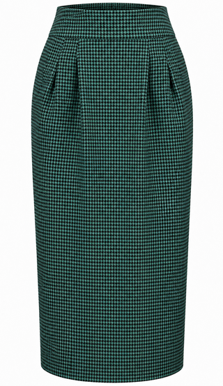 RnR "Luxe" Range "Jitterbug" Pencil Skirt with Kick-Pleat in Green and Black Houndstooth, 100% Cotton, Iconic 1950s Vintage Style