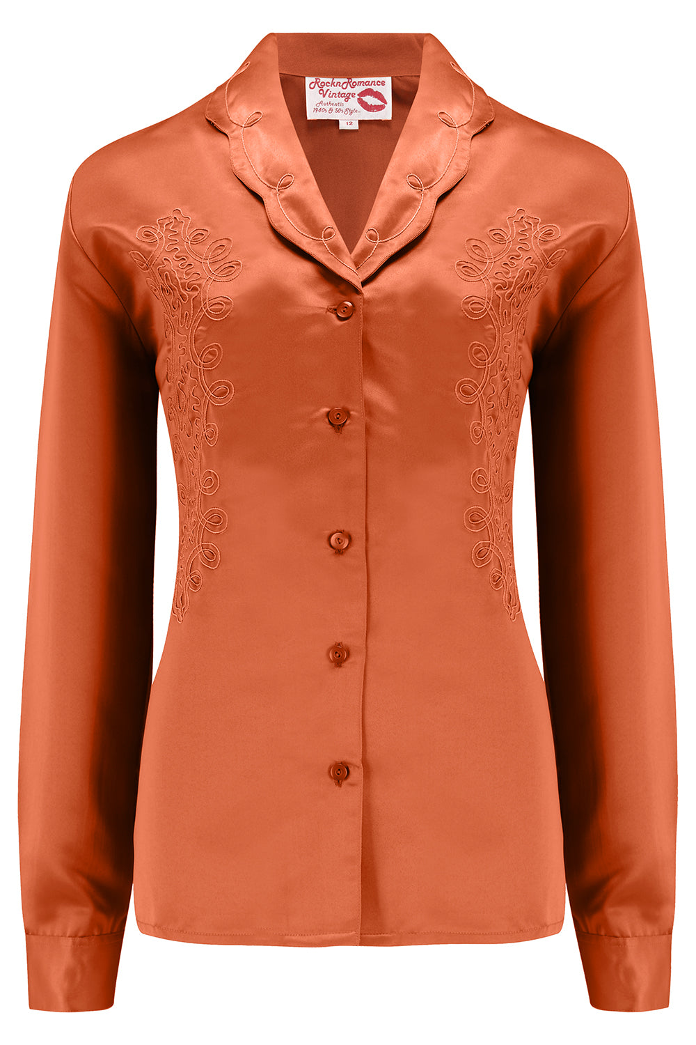 Neue RnR „Luxe“-Reihe. Die langärmlige bestickte Bluse „Valarie“ aus superluxuriösem SATIN in gebranntem Orange