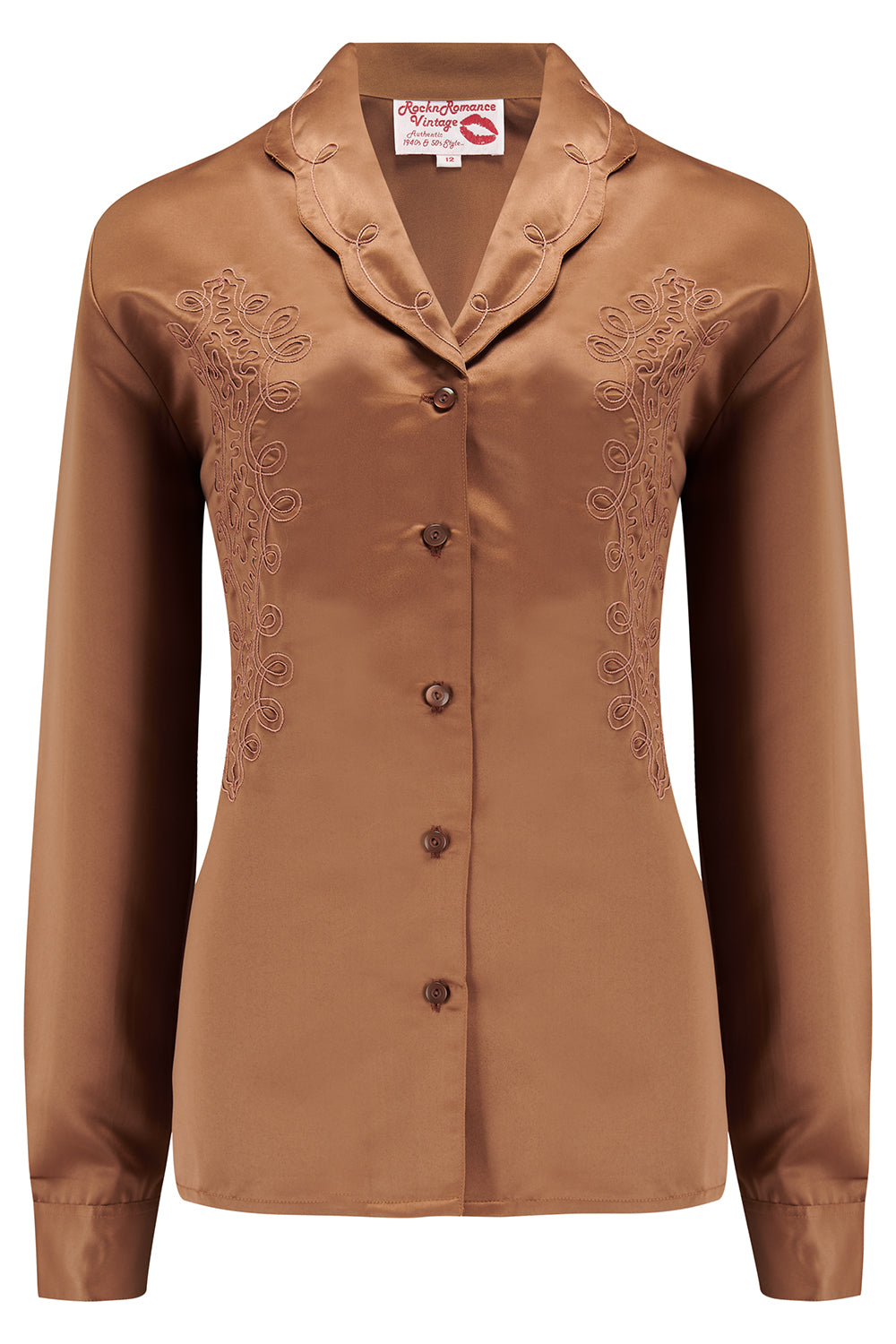RnR "Luxe" Range.. The "Valarie" Long Sleeve Embroidered Blouse in Super Luxurious Golden Pecan Brown SATIN