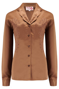 RnR "Luxe" Range.. The "Valarie" Long Sleeve Embroidered Blouse in Super Luxurious Golden Pecan Brown SATIN