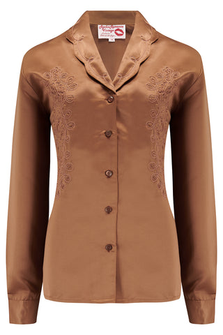 New RnR "Luxe" Range.. The "Valerie" Long Sleeve Embroidered Blouse in Super Luxurious Golden Pecan Brown SATIN