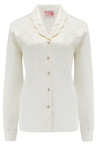RnR "Luxe" Range.. The "Valarie" Long Sleeve Embroidered Blouse in Super Luxurious Ivory SATIN