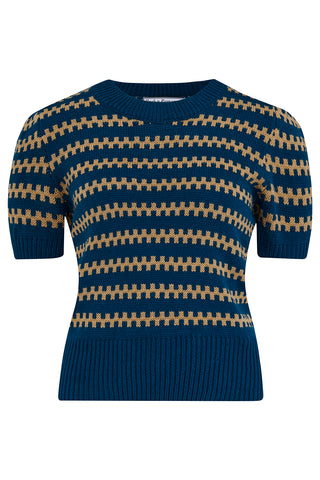 The "Vera" Short Sleeve Pullover Jumper in Peacock Blue, Classic 1940s & 50s Vintage Style
