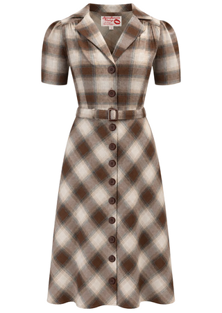 RnR "Luxe" Range 'Charlene' Shirtwaister Dress in Brown and Beige, 100% Brushed Cotton Check, True 1950s Vintage Style (Check 11)