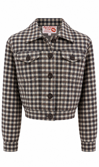 The "Girl Next Door" Ladies Ricky Jacket in Brown and Navy Check, 100% Wool .. Rockin 1950s Style (Ref.No 110)