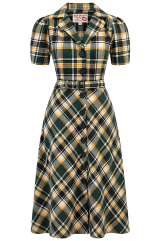 RnR "Luxe" Range 'Charlene' Shirtwaister Dress in Green and Yellow, 100% Brushed Cotton Check, True 1950s Vintage Style (Check 6)