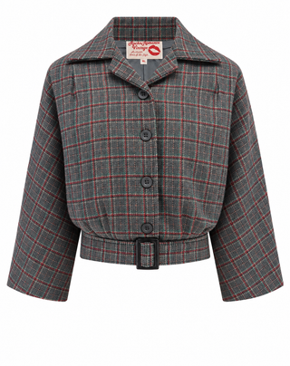 The "Be-Bop" Semi-Cropped, 3/4 Sleeve Jacket in Grey and Red Check, 100% Wool .. Classic Early 50s Style (Ref No.105)