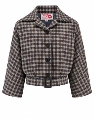 The "Be-Bop" Semi-Cropped, 3/4 Sleeve Jacket in Brown and Navy Check, 100% Wool .. Classic Early 50s Style (Ref No.110)