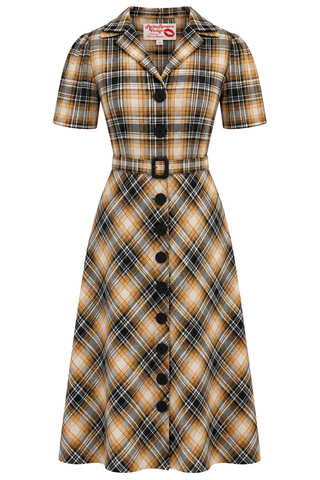 RnR "Luxe" Range 'Charlene' Shirtwaister Dress in Black and Mustard, 100% Brushed Cotton Check, True 1950s Vintage Style (Check 9)