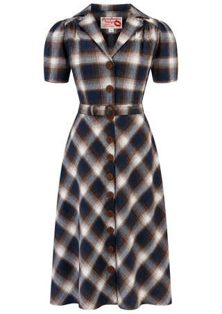RnR "Luxe" Range 'Charlene' Shirtwaister Dress in Navy and Brown, 100% Brushed Cotton Check, True 1950s Vintage Style (Check 7)