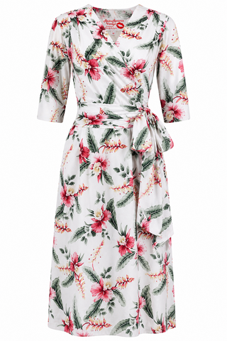 The "Vivien" Full Wrap Dress in Hibiscus Print, True Late 1940s Early 1950s Style