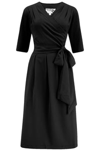 The "Vivien" Full Wrap Dress in Black, True 1940s To Early 1950s Style