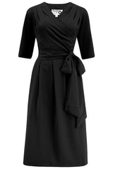 La robe portefeuille complète « Vivien » en noir, véritable style des années 1940 au début des années 1950