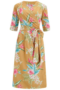 The "Vivien" Full Wrap Dress in Mustard Honolulu, True 1940s To Early 1950s Style