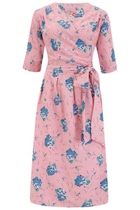 The "Vivien" Full Wrap Dress in Pink Summer Bouquet, True 1940s To Early 1950s Style