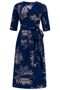The "Vivien" Full Wrap Dress in Sapphire Palm, True 1940s To Early 1950s Style