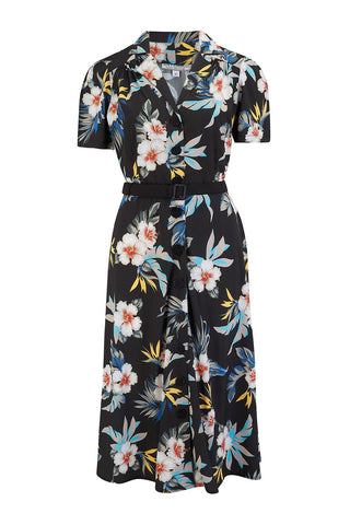 **Vente d'échantillons** La robe chemise « Charlene » en imprimé Honolulu bleu marine, style vintage véritable et authentique des années 1950