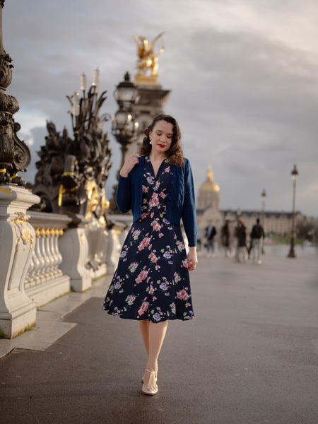 "Peggy" Wrap Dress in Navy Mayflower, Classic 1940s Vintage Style
