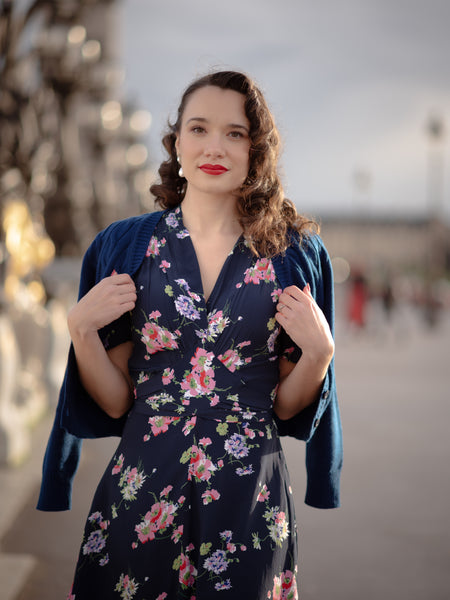 "Peggy" Wrap Dress in Navy Mayflower, Classic 1940s Vintage Style