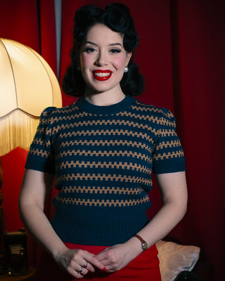 The "Vera" Short Sleeve Pullover Jumper in Peacock Blue, Classic 1940s & 50s Vintage Style - Vintage Clothing, CC41, Dress For Goodwood Revival, Vintage Outfit, Twinwood Festival Outfit, Viva Las Vegas Rockabilly Weekend Rock n Romance Rock n Romance