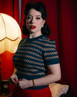 The "Vera" Short Sleeve Pullover Jumper in Peacock Blue, Classic 1940s & 50s Vintage Style - Vintage Clothing, CC41, Dress For Goodwood Revival, Vintage Outfit, Twinwood Festival Outfit, Viva Las Vegas Rockabilly Weekend Rock n Romance Rock n Romance