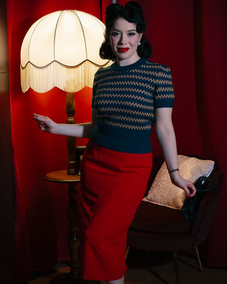 The "Vera" Short Sleeve Pullover Jumper in Peacock Blue, Classic 1940s & 50s Vintage Style - Vintage Clothing, CC41, Dress For Goodwood Revival, Vintage Outfit, Twinwood Festival Outfit, Viva Las Vegas Rockabilly Weekend Rock n Romance Rock n Romance