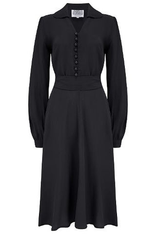 "Clarice" Long Sleeve Dress in Liquorice Black Classic 1940s True Vintage Inspired Style By The Seamstress of Bloomsbury
