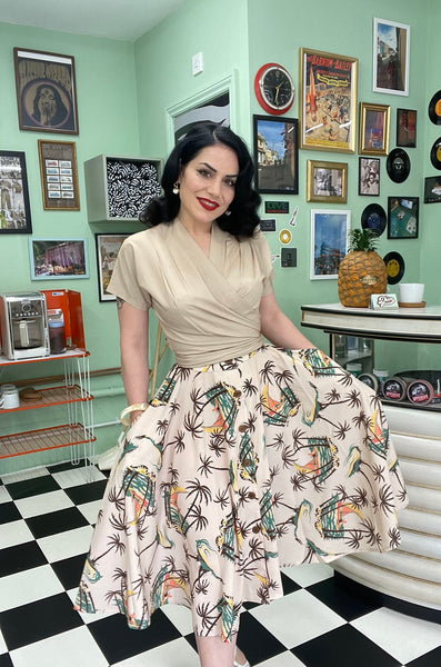 The "Beverly" Button Front Full Circle Skirt with Pockets in Tahiti Print, True 1950s Vintage Style - CC41, Goodwood Revival, Twinwood Festival, Viva Las Vegas Rockabilly Weekend Rock n Romance Rock n Romance