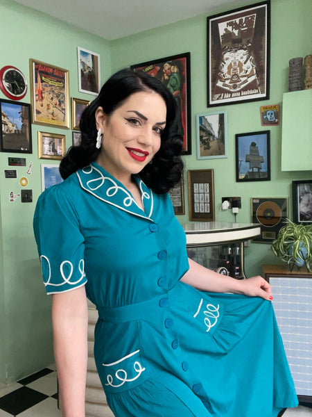 The "Loopy-Lou" Shirtwaister Dress in Teal with Contrast RicRac, True 1950s Vintage Style