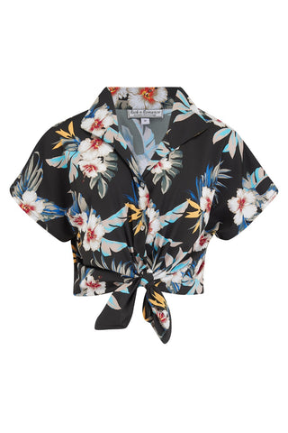 ** Musterverkauf ** „Maria“-Bluse zum Einstecken oder Binden im roten Hawaii-Print im Tiki-inspirierten Vintage-Stil der 1950er Jahre
