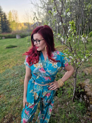The "Darla" Short Sleeve Wrap Blouse in Teal Honolulu, True 1950s Vintage Tiki Style