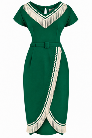 **PRE-ORDER** The “Dita" V Neck Sheath Dress in Green with Ivory Fringe, True 1950s Vintage Style
