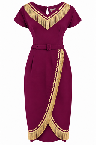 **PRE-ORDER** The “Dita" V Neck Sheath Dress in Plum with Gold Fringe, True 1950s Vintage Style