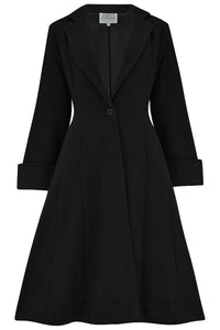The Elizabeth Coat in Black, 100% Wool & Satin Lined. A Classic Fitted 1940s Styled Overcoat
