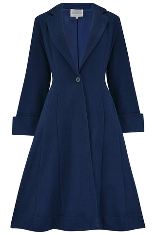 The Elizabeth Coat in Navy, 100% Wool & Satin Lined. A Classic Fitted 1940s Styled Overcoat