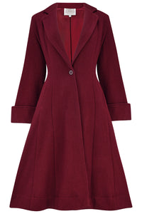 The Elizabeth Coat in Wine, 100% Wool & Satin Lined. A Classic Fitted 1940s Styled Overcoat