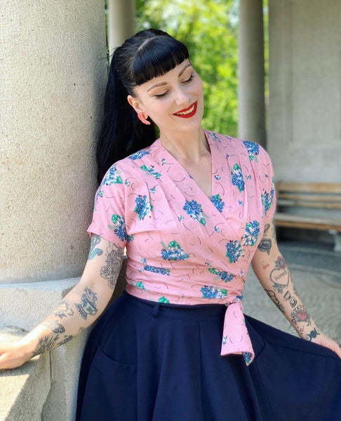The "Darla" Short Sleeve Wrap Blouse in Pink Summer Bouquet , True 1940s-50s Vintage Style